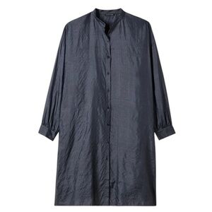 Eileen Fisher Washed Silk Tussah Mandarin Collar Navy Blue Shirtdress - Size XS